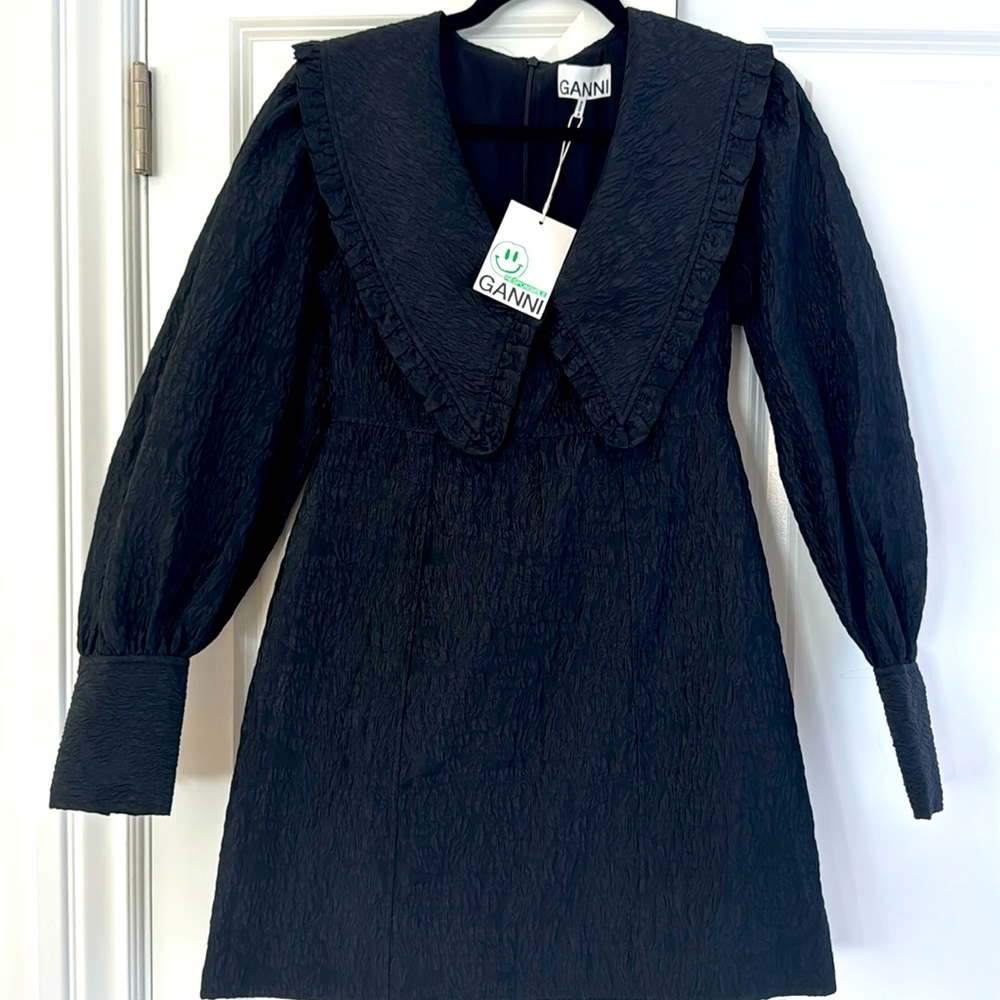 Ganni peasant prairie black textured mini dress - NWT 36 / US 4